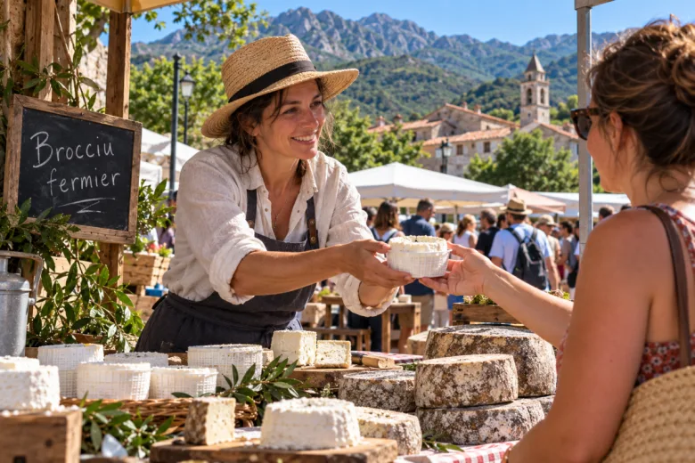 Vente sur un marché de brocciu fermier