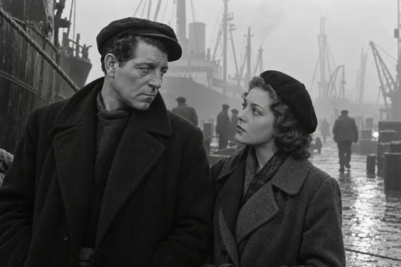 Jean Gabin et une jeune femme sur un quai de port dans la brume