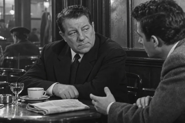 Jean Gabin attablé dans un café, en pleine discussion