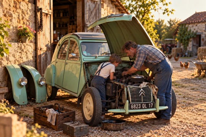 Un papa et son fils réparent une 2CV
