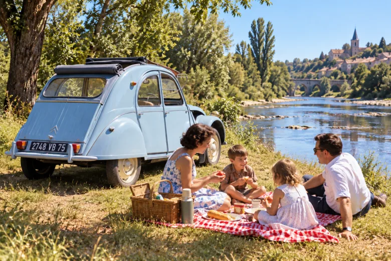 Pique-nique en famille à côté d'une 2CV