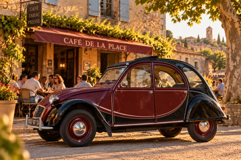 2CV Charleston devant un café provençal
