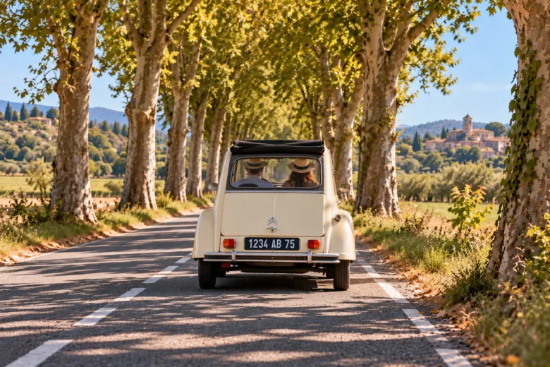 2CV sur une route de campagne