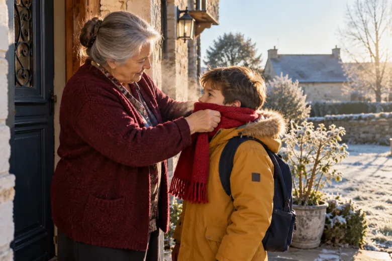 Une grand-mère qui couvre son petit-fils