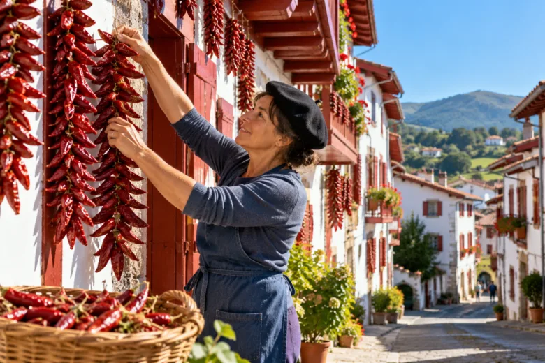 Piments d'Espelette pendus aux fenêtres