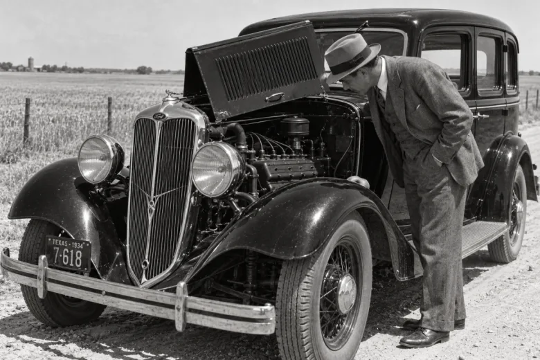 Ford 1934 en panne en rase campagne