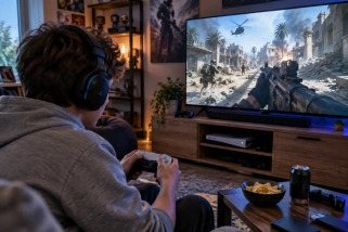 Joueur vidéo sur sa console
